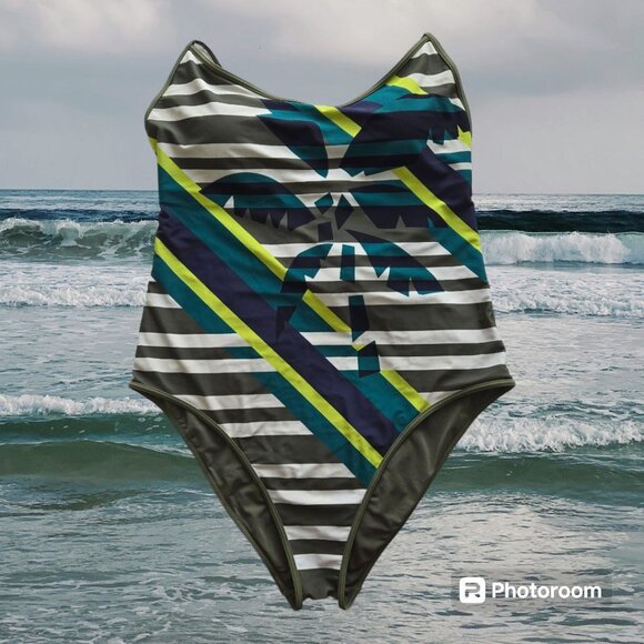 Aerie One Piece Swim Suit XL Green White Stripe Palm Tree Drawstring Close - Picture 1 of 4